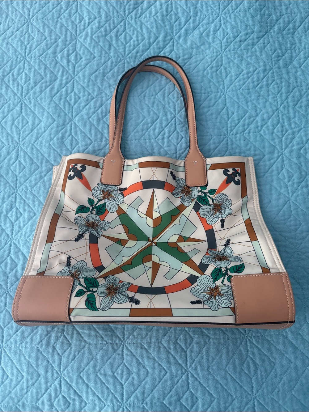 Auth Rare Tory Burch Floral Geometric Canvas Tote Beige leather trim orig$450